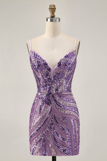 Sparkly Sequins Purple Strapless Tight Short Party Dress